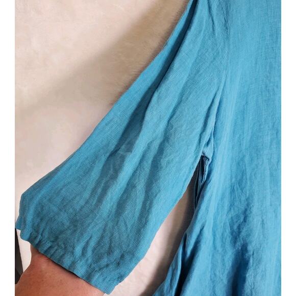 Bryn Walker Dress 1X Blue Linen Asymmetrical 3/4 Sleeve Lagenlook USA Made Flowy - Picture 2 of 7